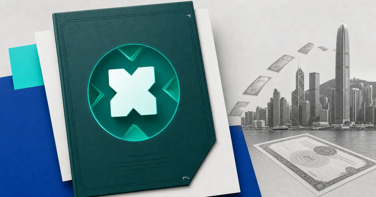 Large official xStocks X mark on a dark-teal securities dossier beside a greyscale Hong Kong skyline and an unbranded stock certificate, set over aqua and blue editorial panels.