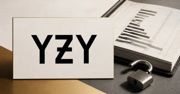 Large official YZY token wordmark on a clean white plaque beside a greyscale unbranded token-vesting ledger and open metal lock on black, cream and muted-gold editorial panels.