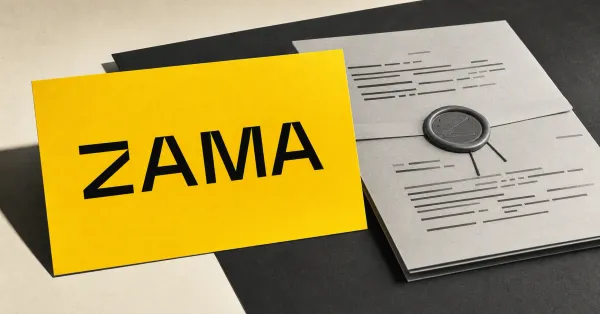 Official black Zama wordmark on a large yellow market card beside a greyscale sealed RFQ trade document on a dark editorial desk.