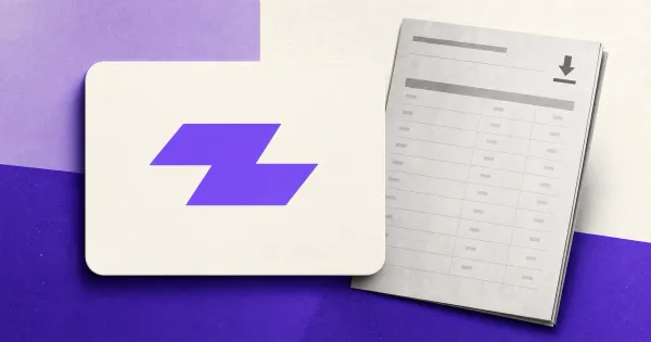 The official purple Zapper lightning logo on a large off-white card beside a greyscale unbranded portfolio-export document.