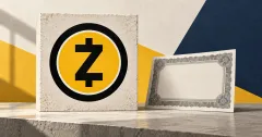 Large official yellow, black and white Zcash emblem on a stone plaque beside an unbranded greyscale securities certificate, against mustard and navy panels.