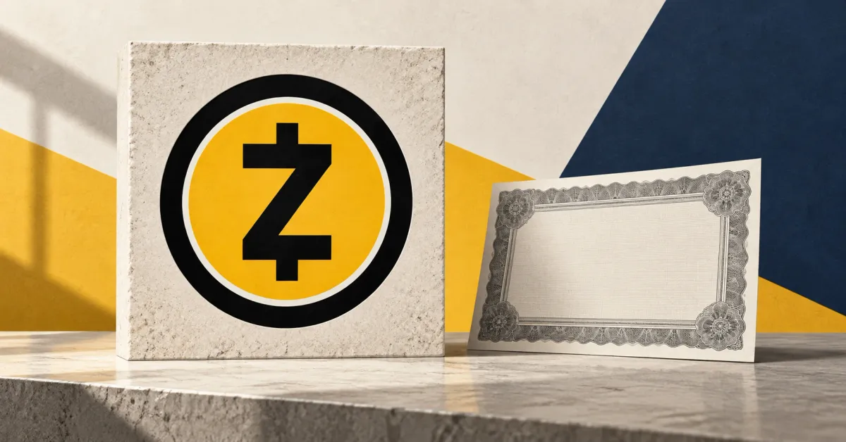 Large official yellow, black and white Zcash emblem on a stone plaque beside an unbranded greyscale securities certificate, against mustard and navy panels.