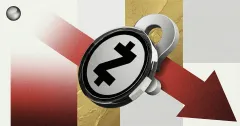 Zcash coin with privacy symbol over a red downward arrow and question mark, illustrating a sharp ZEC price drop and market uncertainty.
