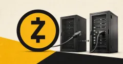 Official black Zcash Z mark on a yellow circular plaque beside greyscale server racks connected by a migration cable, representing the zcashd-to-Zebra node transition.