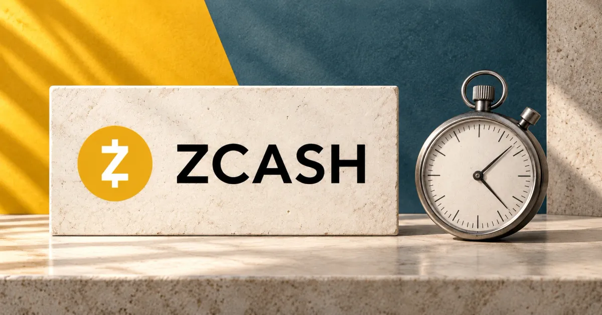Large official yellow-and-black Zcash emblem and ZCASH wordmark on an off-white stone sign beside an unbranded greyscale mechanical stopwatch, against mustard-yellow and slate-teal editorial panels.