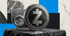 Greyscale Zcash coin beside a shielded circuit motif on a marble news poster background, representing the Orchard vulnerability and ZEC selloff.
