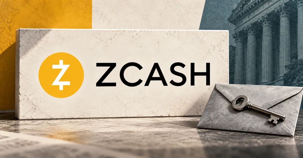 Large official yellow Zcash emblem and black ZCASH wordmark on an off-white stone sign beside an unbranded greyscale envelope and steel key, with mustard and slate-teal panels and a faint classical building facade.