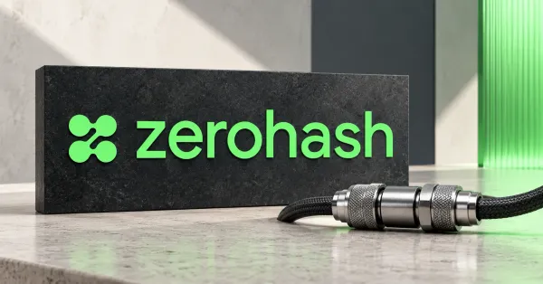 Large official neon green zerohash symbol and lowercase wordmark on a charcoal stone sign beside a smaller unbranded greyscale joined metal cable connector, against off-white, slate and green panels.