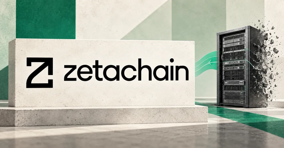 Large official black ZetaChain emblem and lowercase wordmark on an off-white plaque beside an unbranded greyscale server rack dissolving at its right edge, against emerald and sage panels.