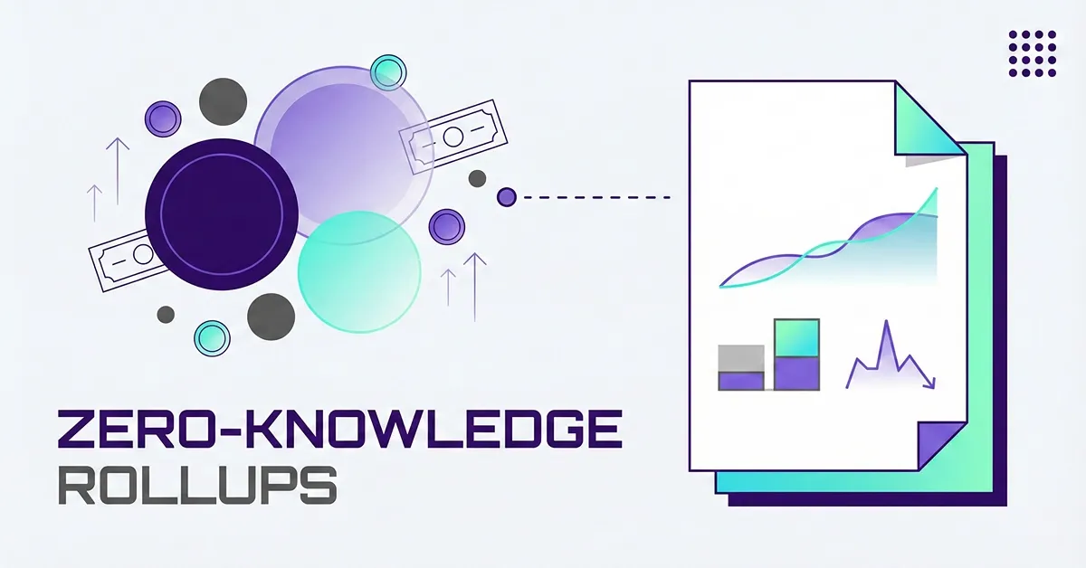 Zero-knowledge rollups cover with abstract purple tokens and teal charts on stacked report pages over a light background